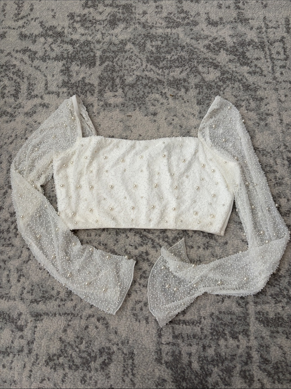 12th Tribe White Pearl-Embellished Sheer Sleeve Crop Top